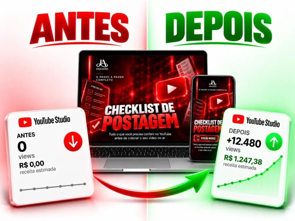 Notebook com o YouTube Studio aberto ao lado do checklist e, na frente, a folha de Conferência Final com itens marcados