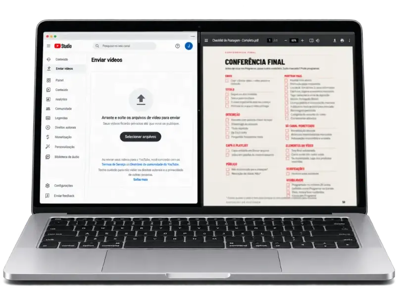 Notebook com o YouTube Studio de um lado e o checklist do outro