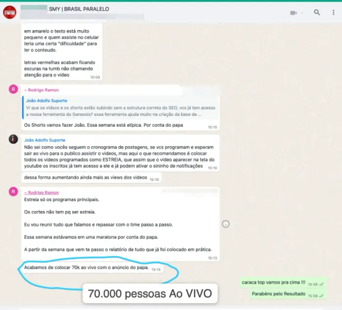 Conversa no WhatsApp com a equipe do Brasil Paralelo sobre programar vídeos como Estreia, com o resultado de 70 mil pessoas ao vivo