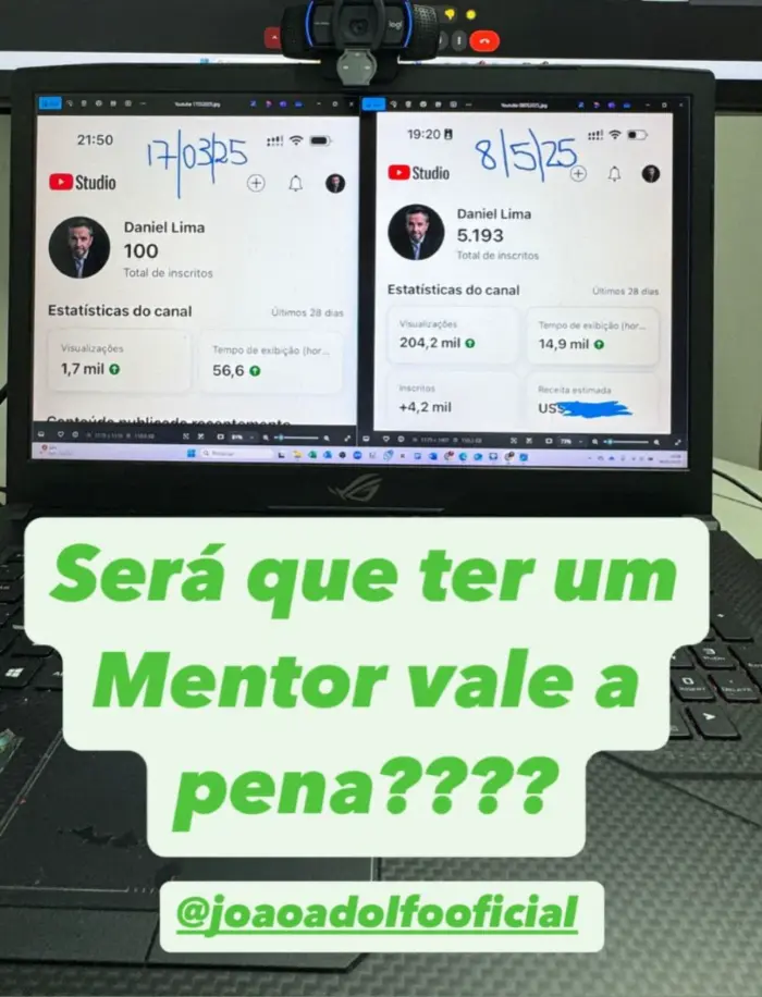 YouTube Studio de Daniel Lima: 100 inscritos em 17/03 e 5.193 inscritos em 08/05