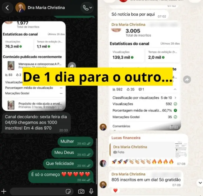 Prints do canal da Dra Maria Christina: de 1.977 para 3.005 inscritos, com 805 inscritos em um dia