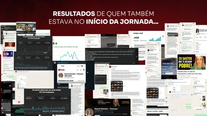 Mural com prints de resultados e mensagens de alunos e canais acompanhados pela equipe