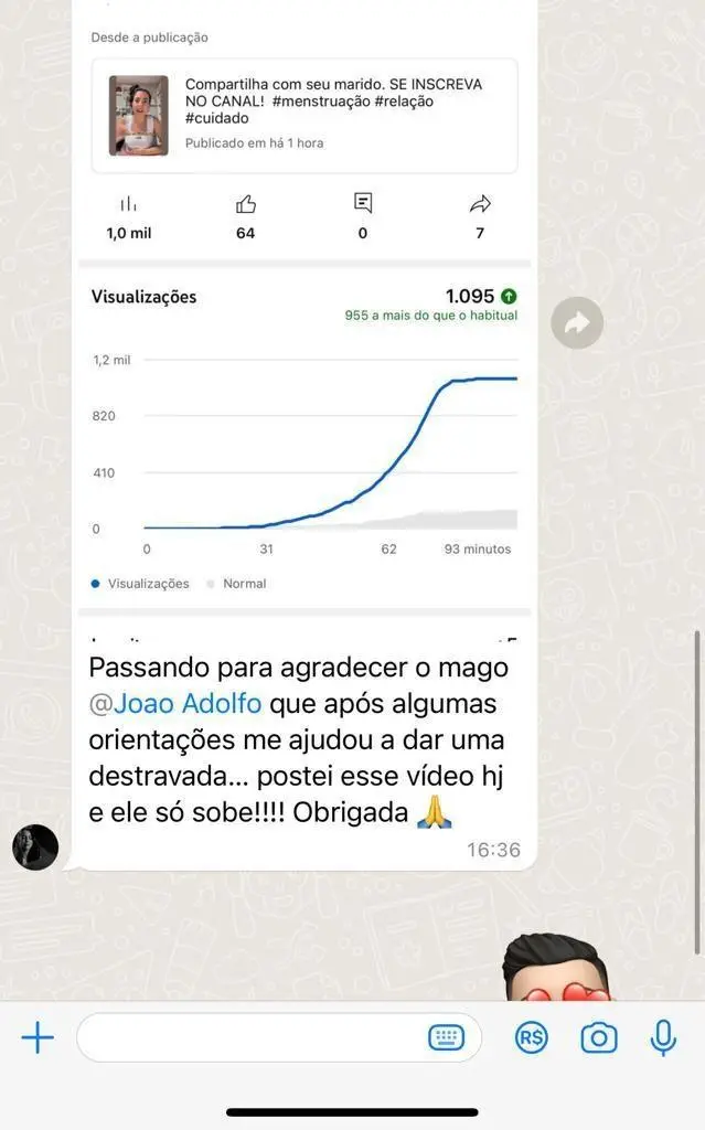 Estatísticas de um vídeo que passou de mil visualizações em menos de duas horas, com mensagem de agradecimento